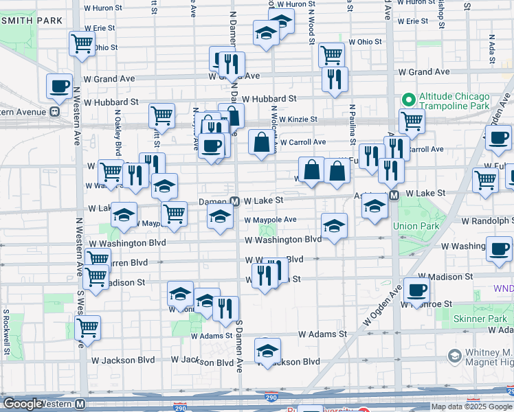 map of restaurants, bars, coffee shops, grocery stores, and more near 1916 West Maypole Avenue in Chicago