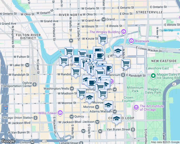 map of restaurants, bars, coffee shops, grocery stores, and more near 161 North Clark Street in Chicago
