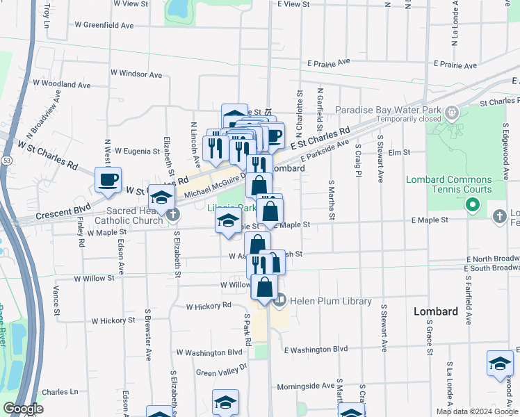 map of restaurants, bars, coffee shops, grocery stores, and more near 130 South Main Street in Lombard