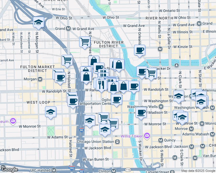 map of restaurants, bars, coffee shops, grocery stores, and more near 553 West Randolph Street in Chicago