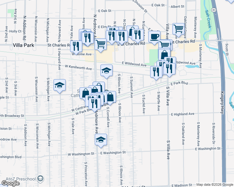 map of restaurants, bars, coffee shops, grocery stores, and more near 234 South Illinois Avenue in Villa Park
