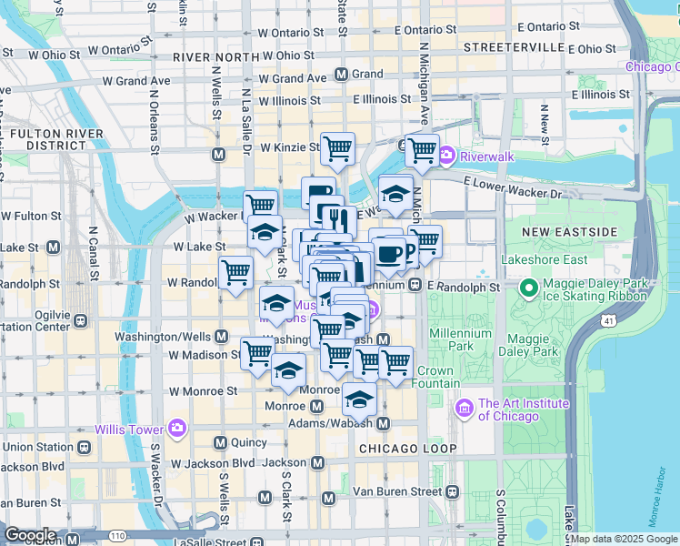 map of restaurants, bars, coffee shops, grocery stores, and more near 119 North Dearborn Street in Chicago