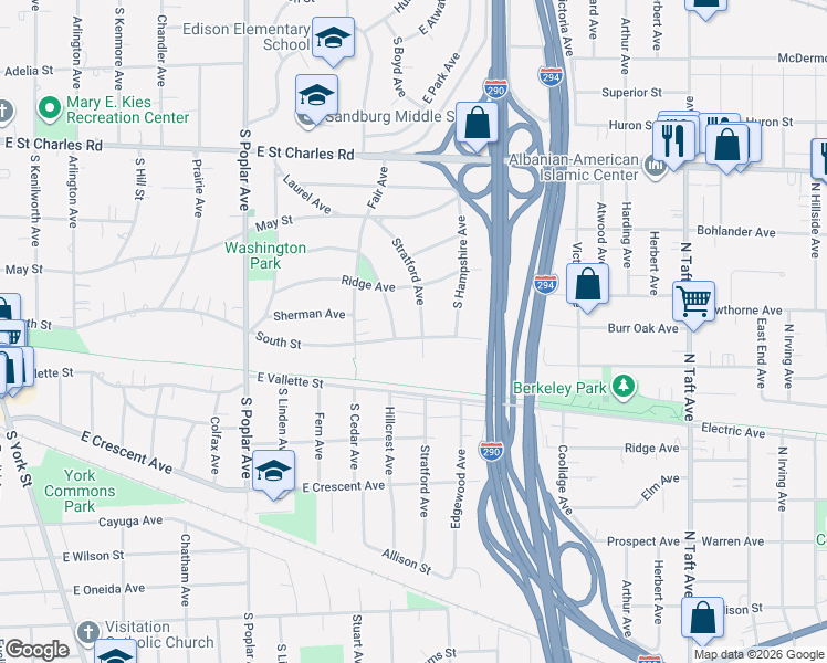 map of restaurants, bars, coffee shops, grocery stores, and more near 430 South Street in Elmhurst