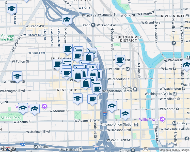 map of restaurants, bars, coffee shops, grocery stores, and more near 149 North Halsted Street in Chicago