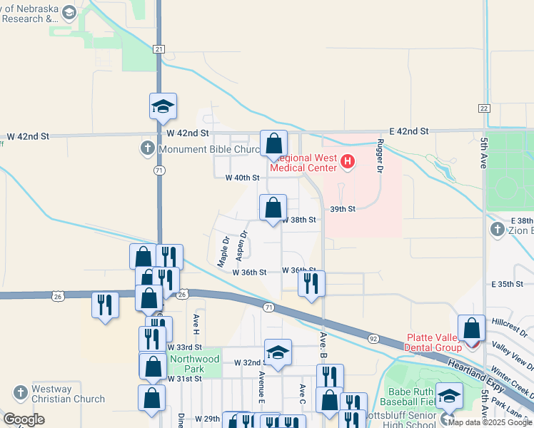 map of restaurants, bars, coffee shops, grocery stores, and more near 414 West 38th Street in Scottsbluff