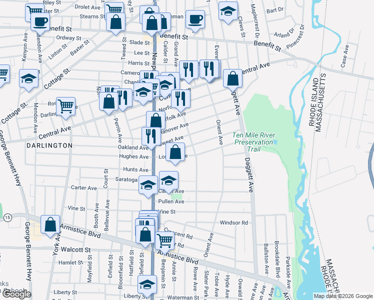 map of restaurants, bars, coffee shops, grocery stores, and more near 35 Bristol Avenue in Pawtucket