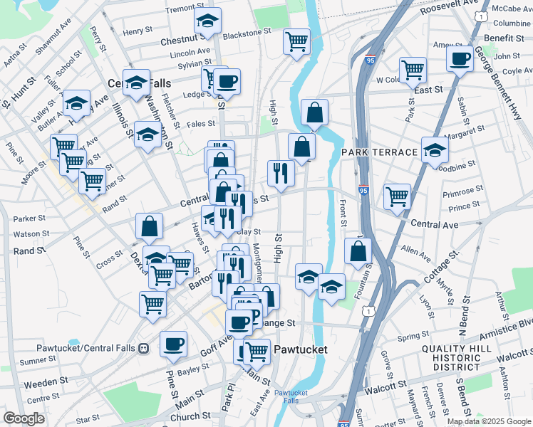 map of restaurants, bars, coffee shops, grocery stores, and more near 40 Jenks Street in Central Falls