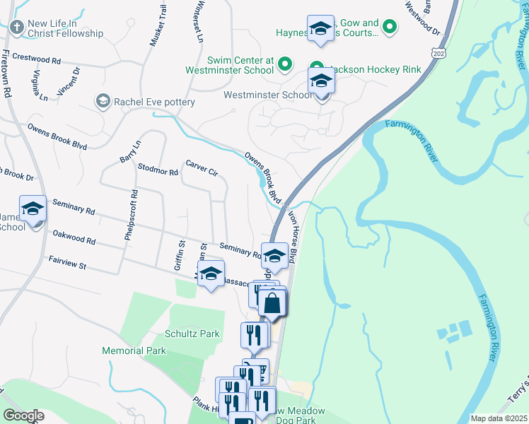 map of restaurants, bars, coffee shops, grocery stores, and more near 971 Hopmeadow Street in Simsbury