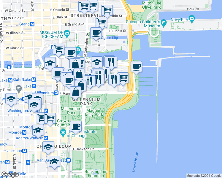 map of restaurants, bars, coffee shops, grocery stores, and more near 400 East Randolph Service Street in Chicago