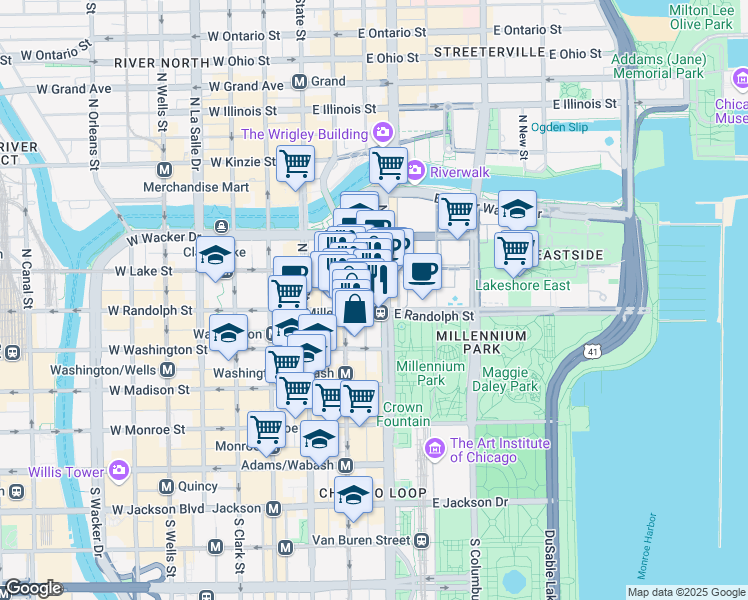 map of restaurants, bars, coffee shops, grocery stores, and more near 154 North Garland Court in Chicago