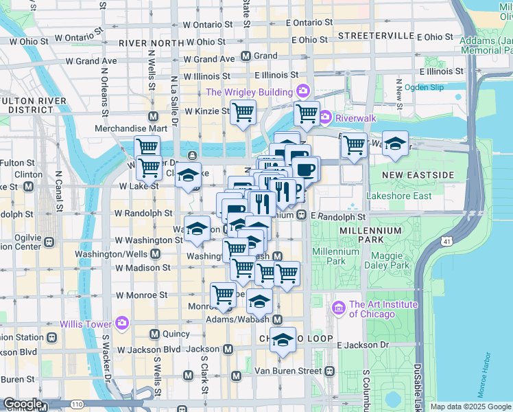 map of restaurants, bars, coffee shops, grocery stores, and more near 22 East Randolph Street in Chicago