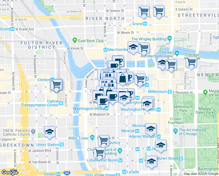 map of restaurants, bars, coffee shops, grocery stores, and more near 141 North LaSalle Street in Chicago