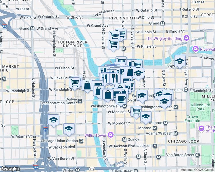 map of restaurants, bars, coffee shops, grocery stores, and more near 312 West Randolph Street in Chicago