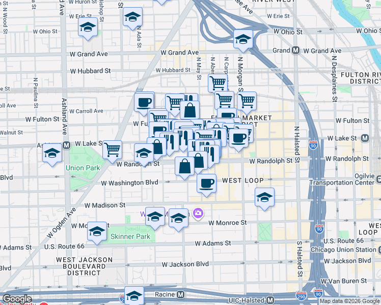 map of restaurants, bars, coffee shops, grocery stores, and more near 1200 West Randolph Street in Chicago