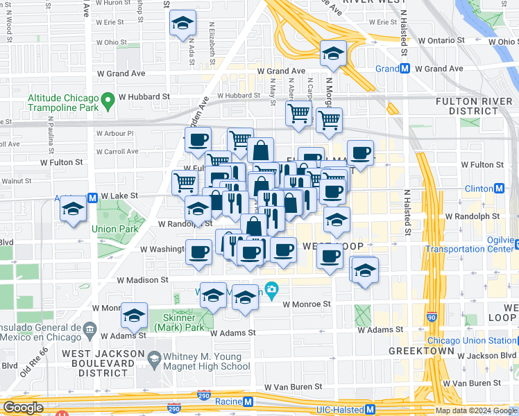 map of restaurants, bars, coffee shops, grocery stores, and more near 1200 West Randolph Street in Chicago