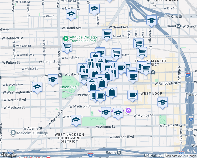 map of restaurants, bars, coffee shops, grocery stores, and more near 1334 West Randolph Street in Chicago