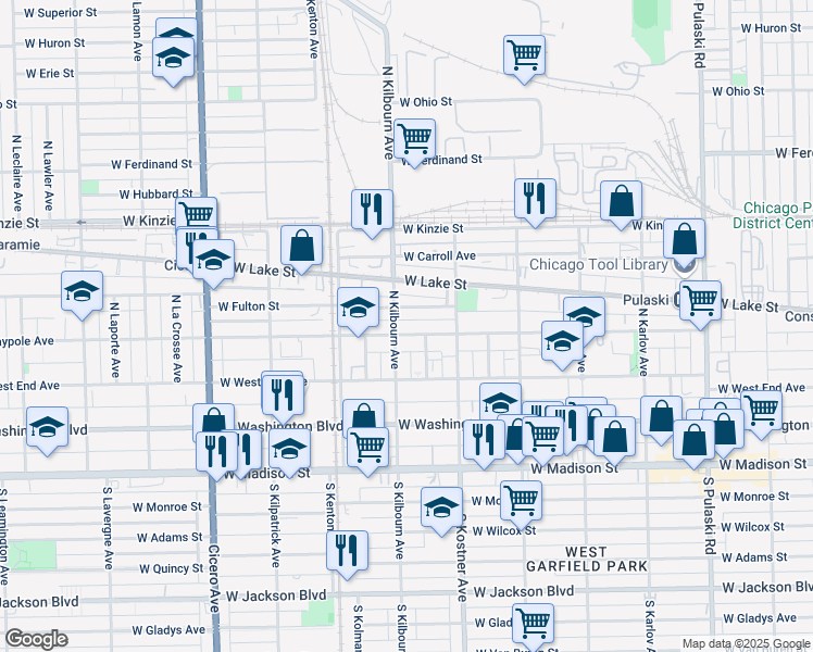 map of restaurants, bars, coffee shops, grocery stores, and more near 4503 West Maypole Avenue in Chicago