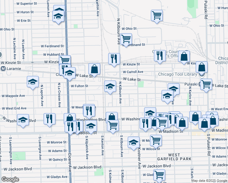 map of restaurants, bars, coffee shops, grocery stores, and more near 4536 West Maypole Avenue in Chicago