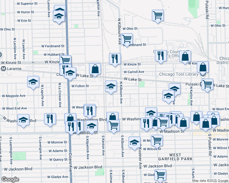 map of restaurants, bars, coffee shops, grocery stores, and more near 4536 West Maypole Avenue in Chicago