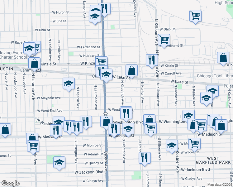 map of restaurants, bars, coffee shops, grocery stores, and more near 4722 West Maypole Avenue in Chicago