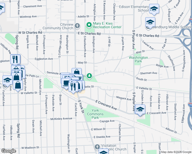 map of restaurants, bars, coffee shops, grocery stores, and more near 178 South Street in Elmhurst