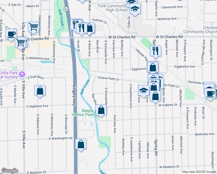map of restaurants, bars, coffee shops, grocery stores, and more near 524 South Sunnyside Avenue in Elmhurst