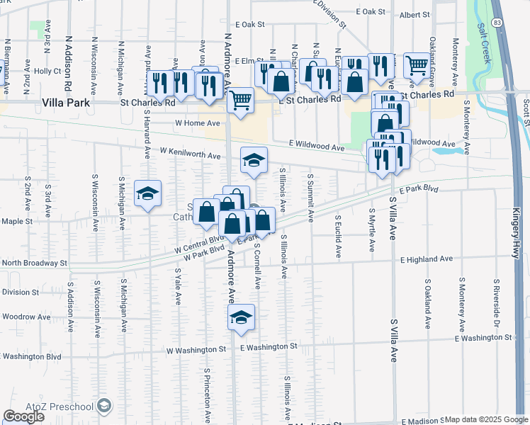 map of restaurants, bars, coffee shops, grocery stores, and more near 234 South Illinois Avenue in Villa Park