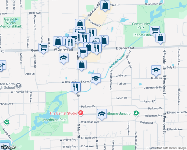 map of restaurants, bars, coffee shops, grocery stores, and more near 1911 Kingsbrook Court in Wheaton
