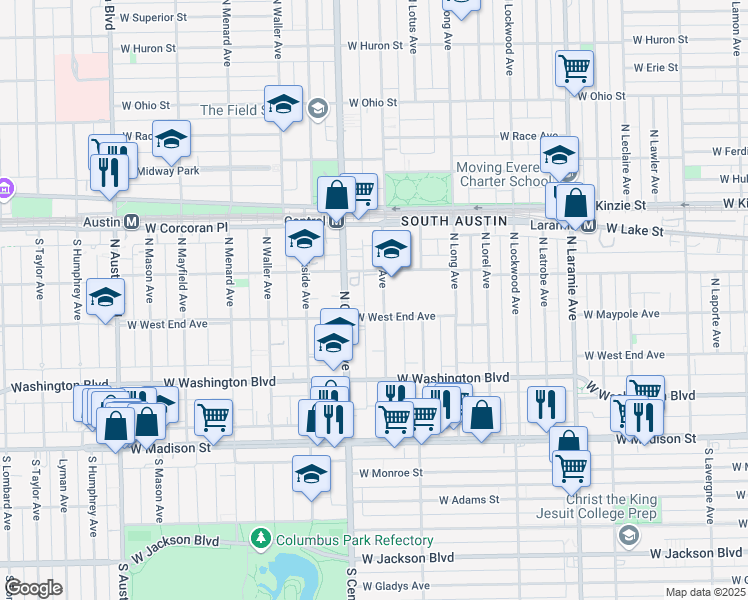 map of restaurants, bars, coffee shops, grocery stores, and more near 216 North Pine Avenue in Chicago