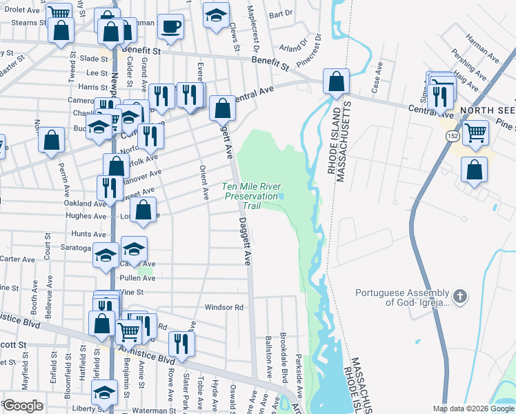 map of restaurants, bars, coffee shops, grocery stores, and more near 341 Daggett Avenue in Pawtucket