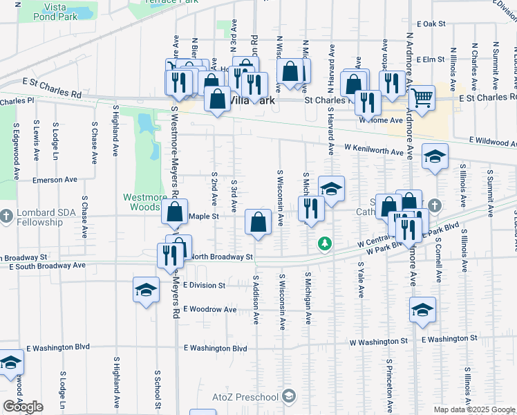 map of restaurants, bars, coffee shops, grocery stores, and more near 342 West School Street in Villa Park