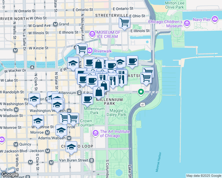map of restaurants, bars, coffee shops, grocery stores, and more near 300 East Randolph Street in Chicago