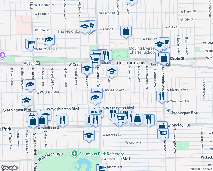 map of restaurants, bars, coffee shops, grocery stores, and more near 204 North Pine Avenue in Chicago