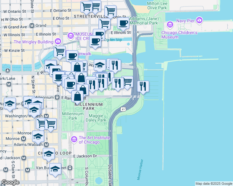 map of restaurants, bars, coffee shops, grocery stores, and more near 400 East Randolph Service Street in Chicago