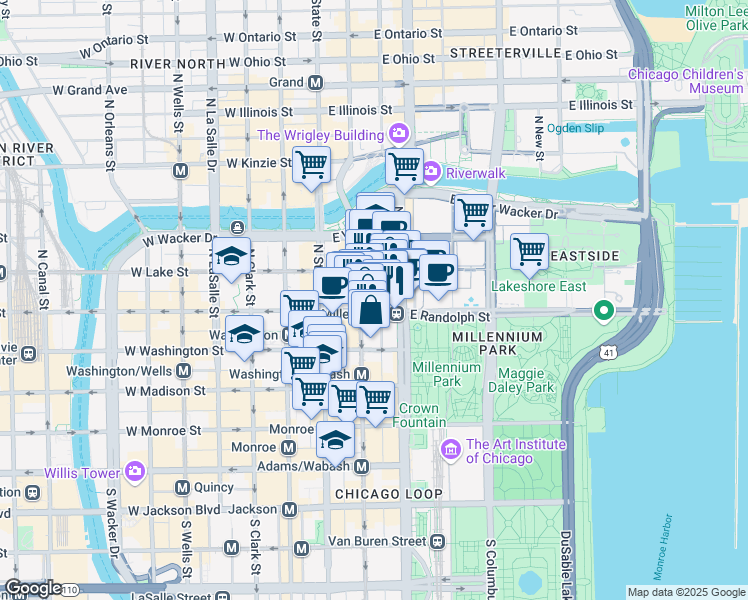 map of restaurants, bars, coffee shops, grocery stores, and more near 60 East Randolph Street in Chicago