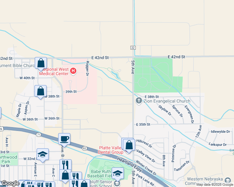 map of restaurants, bars, coffee shops, grocery stores, and more near 301 East 38th Street in Scottsbluff