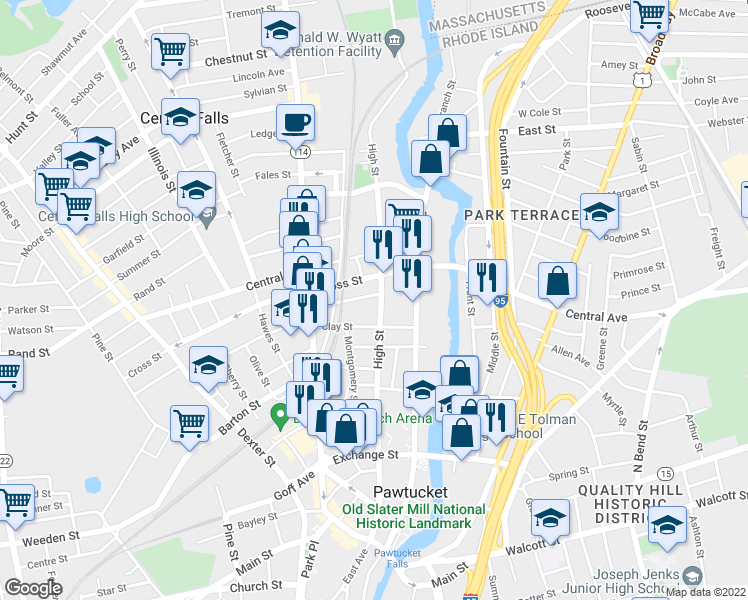 map of restaurants, bars, coffee shops, grocery stores, and more near 376 High Street in Central Falls