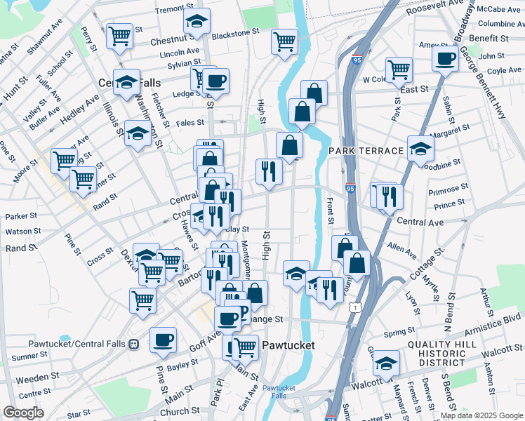 map of restaurants, bars, coffee shops, grocery stores, and more near 376 High Street in Central Falls