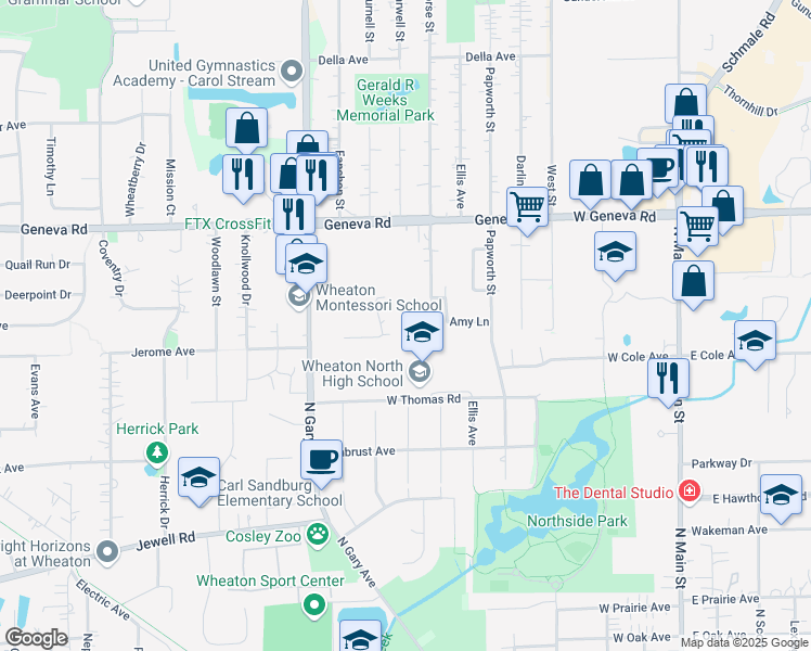 map of restaurants, bars, coffee shops, grocery stores, and more near 701 West Thomas Road in Wheaton