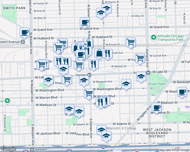 map of restaurants, bars, coffee shops, grocery stores, and more near 1963 West Lake Street in Chicago