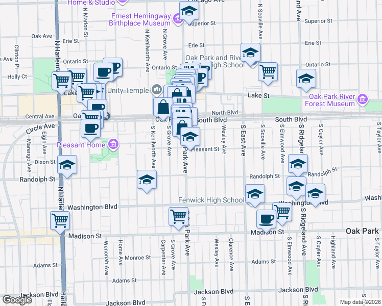 map of restaurants, bars, coffee shops, grocery stores, and more near 212 South Oak Park Avenue in Oak Park