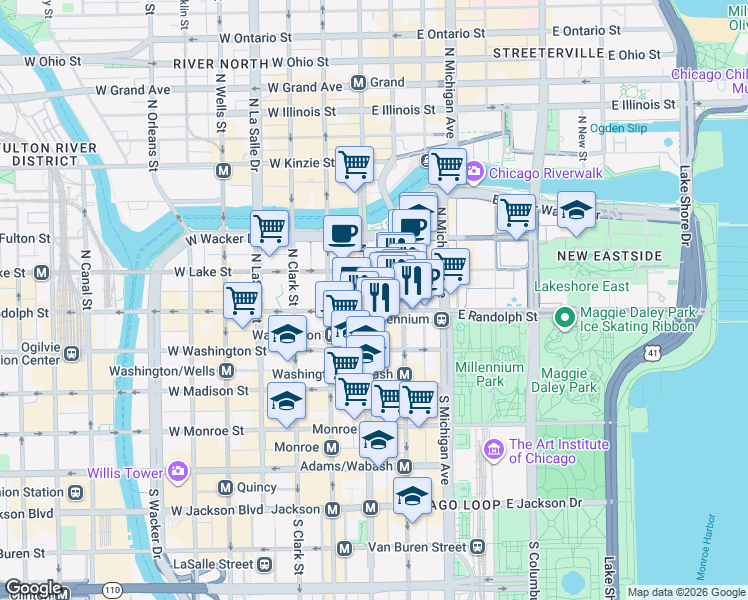 map of restaurants, bars, coffee shops, grocery stores, and more near 28 East Randolph Street in Chicago