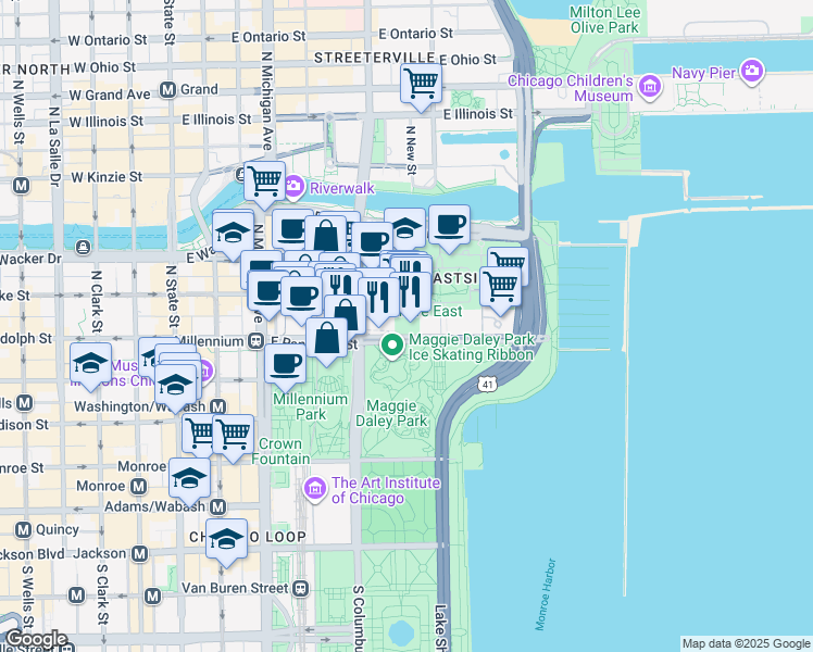 map of restaurants, bars, coffee shops, grocery stores, and more near 340 East Randolph Street in Chicago