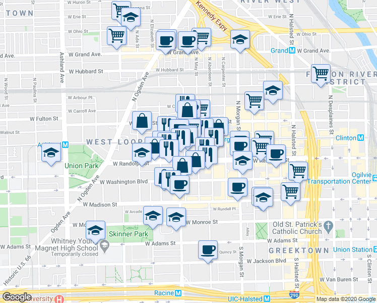 map of restaurants, bars, coffee shops, grocery stores, and more near 1200 West Randolph Street in Chicago