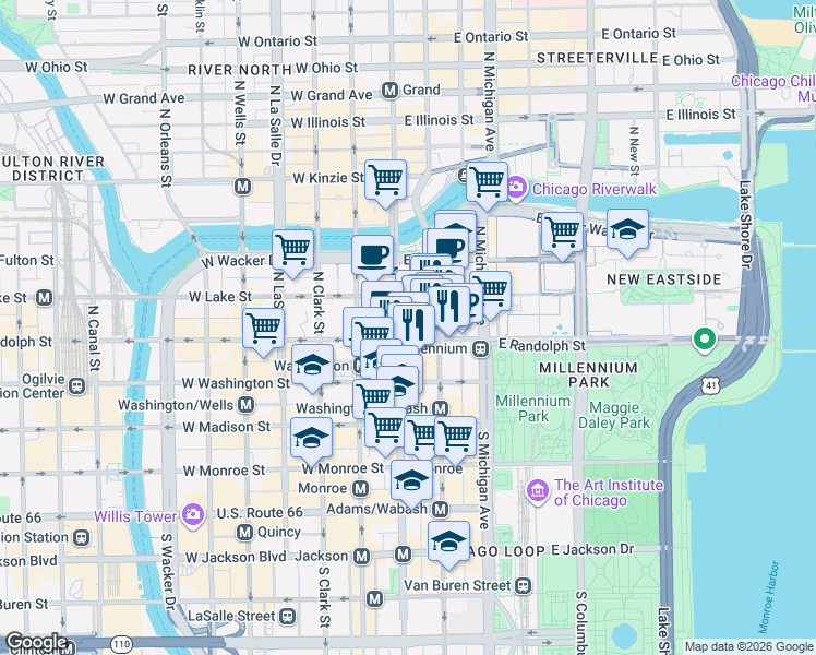 map of restaurants, bars, coffee shops, grocery stores, and more near 159 North State Street in Chicago