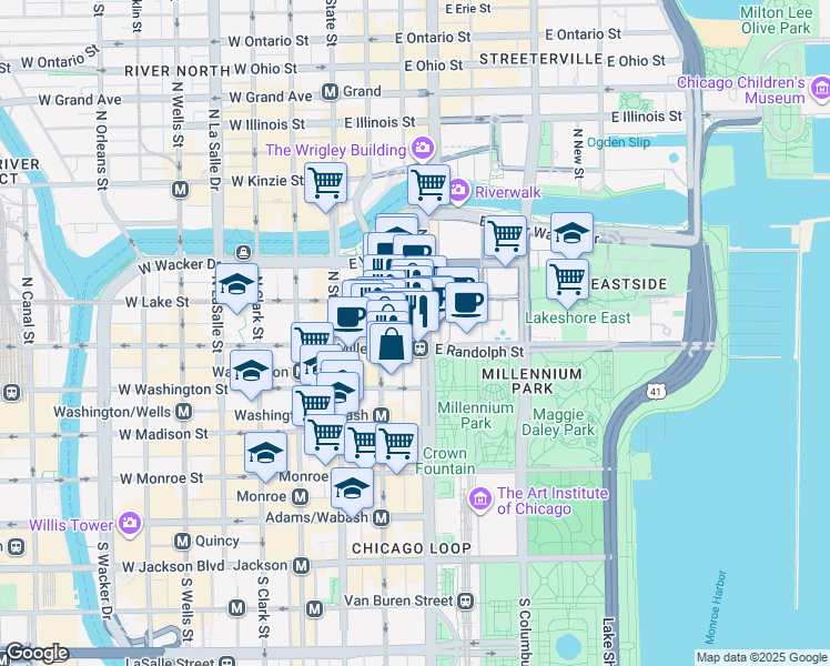 map of restaurants, bars, coffee shops, grocery stores, and more near 154 North Garland Court in Chicago