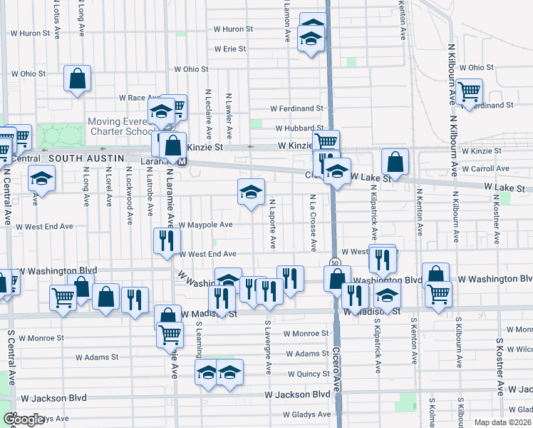 map of restaurants, bars, coffee shops, grocery stores, and more near 185 North Lavergne Avenue in Chicago
