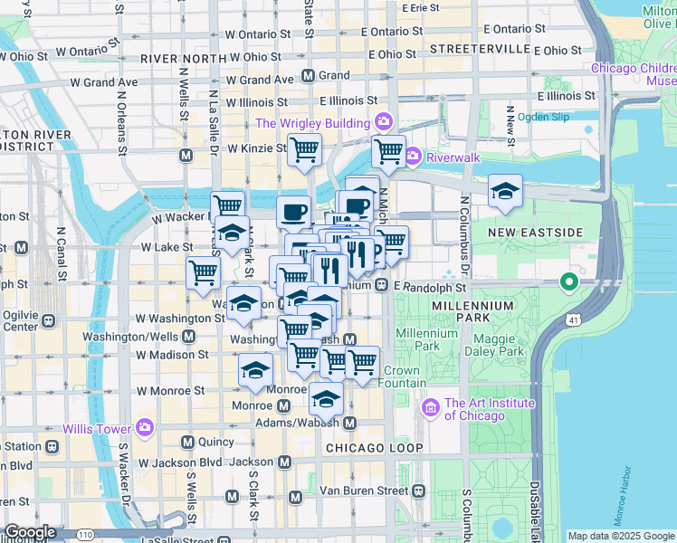 map of restaurants, bars, coffee shops, grocery stores, and more near 22 East Randolph Street in Chicago