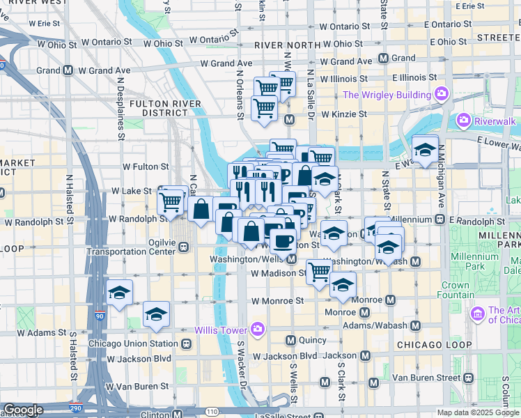map of restaurants, bars, coffee shops, grocery stores, and more near 312 West Randolph Street in Chicago