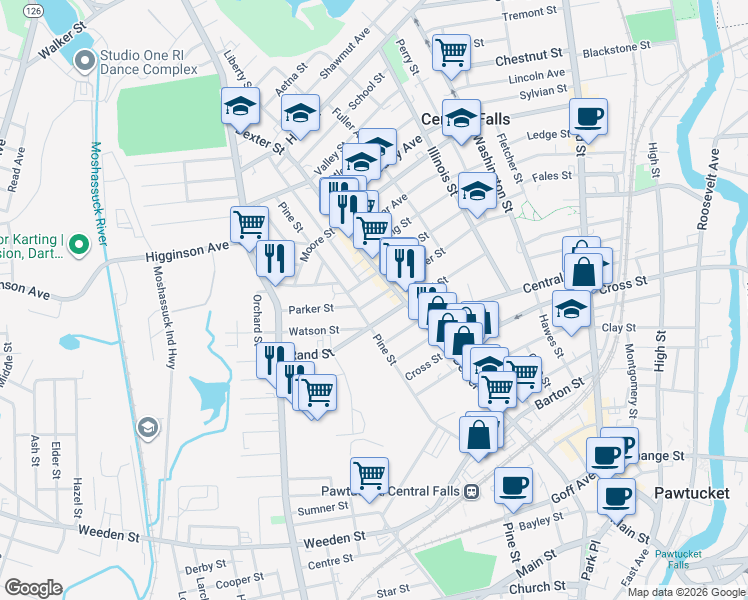 map of restaurants, bars, coffee shops, grocery stores, and more near Mowry Street in Central Falls